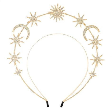ZORVYN Haarreif Sterne Gold Sonne Krone Kopfschmuck für Damen Göttin Kostüm für Karneval Fasching Halloween Strass Heiligenschein