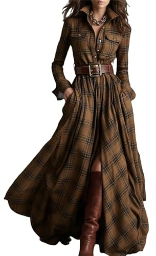 Robe Maxi à Carreaux pour Femme 2025 Automne Style Western Vintage Français Rétro Ethnique Pastoral Col en V avec Revers Manches Longues Déboutonnée, kaki, XXL