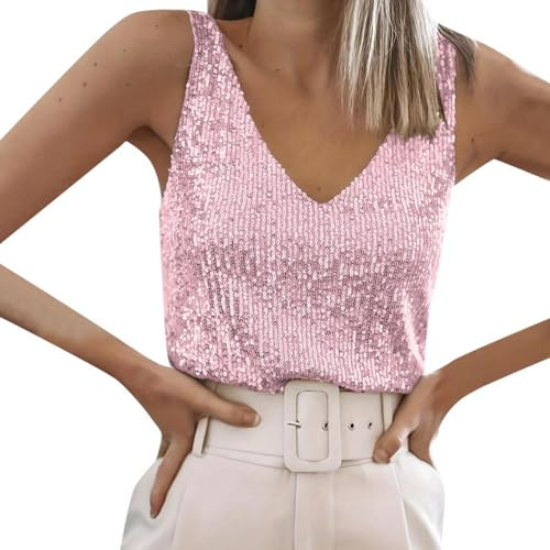 DaPongZhi Tanktops Pailletten Damen Glitzer Oberteile Tank Party Disco Weste Ärmelloses Top V-Ausschnitt Abend Glitzertop Spaghettiträger Blusen Mit Schimmernden