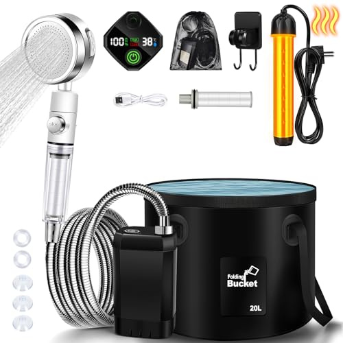 JONRRYIN Doccia Portatile Acqua Calda, 6000mAh Doccia da Campeggio Portatile con Secchio Pieghevole, Cartuccia Filtrante, Display di Temperatura e Potenza, per Campeggio, Escursionismo (Nero)