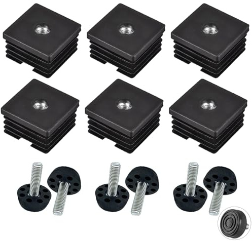6 Pièces Bouchon Fileté Carré, avec Pieds de Meuble, Filetage M8, 40×40mm | Bouchons à Lamelles en Plastique Noir, Embout de Bouchon pour Tube Carré Chaises Canapés Étagères Tables
