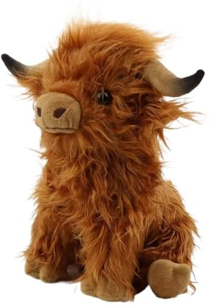 SMJWH Niedliches Hochlandkuh-Plüschtier, Stofftier, lebensecht, flauschig, schottisches Gurren, weiche, kuschelige Bullenpuppe mit kariertem Schal, perfektes UK-Souvenirgeschenk