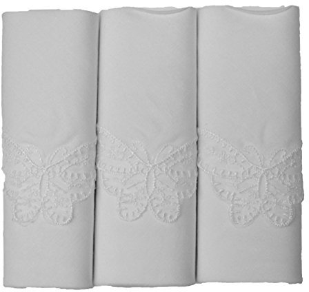 Spence Bryson Damen Taschentücher, 100% Baumwolle, Weiß, Schmetterlingsspitze, Einheitsgröße, 3 Stück, weiß, 36