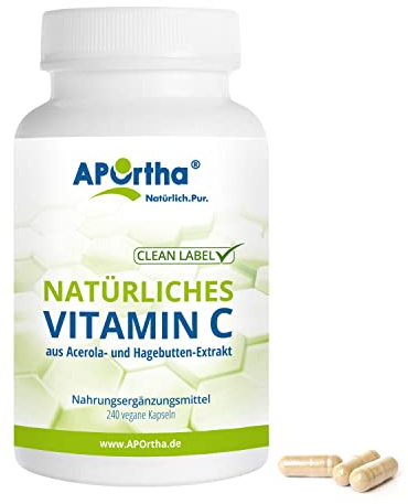 APOrtha Vitamin C aus natürlichen Quellen - 240 Kapseln | aus Acerola und Hagebutte, Hochdosiert mit 420 mg Vitamin C je Tagesverzehr, 240 Kapseln für 4 Monate, vegan, glutenfrei