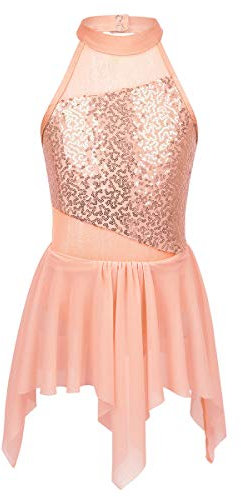 CHICTRY Kinder Ballettkleid Mädchen Glitzer Pailletten Neckholder Eislaufkleid Mesh Patchwork Ballettbody mit Asymmetrisch Rock Wickelrock Wettbewerb Kostüm Gr. 116-164 Orange 164