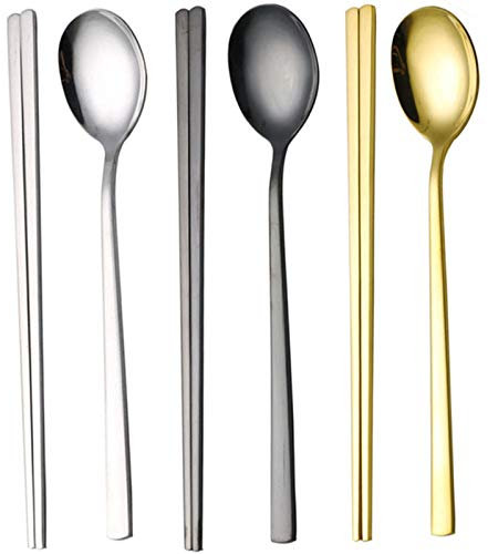 Palillos y cuchara coreanos reutilizables, juego de palillos y cucharas multicolores (plata + oro + negro), mango largo cuadrado palillos y cuchara, juego de 3