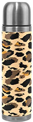 BKEOY Thermosflasche, Vakuum-isoliert, Edelstahl, doppelwandig, auslaufsicher, Leopardenmuster, personalisierbar, bedruckt, echtes Leder, 500 ml