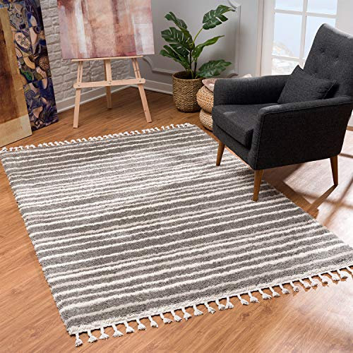 Teppich Wohnzimmer Shaggy - Grau Creme 240x340 cm - Deko Schlafzimmer Hochflor mit Fransen Flauschig Meliert - Muster - Oeko Tex 100 Standard - Allergiker geeignet