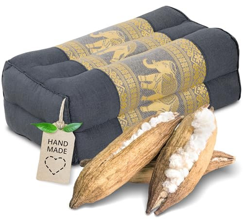 livasia Block Yogakissen eckig Thaiseide - 17x34x12cm - Meditationskissen Kapok, Stützkissen rechteckig, Yoga Pilates Zubehör Nackenkissen, Thaikissen fest handgefertigt (Grau/Elefanten Seide)