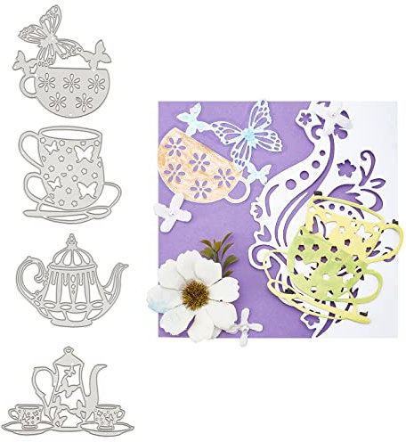 GLOBLELAND 4Pcs Metal Teapot Tea Cup Cutting Dies Tea Cup with Butterfly Stencil Template for Scrapbook Embossing Album Paper Card Craft Festival Decor, Matte Platinum
