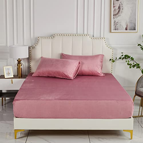 Damier Plüsch Spannbettlaken 180x200x30cm Rosa Altrosa Winter Warme Flauschige Bettlaken Cashmere Touch Spannbetttuch Geeignet für 30cm Matratze