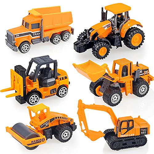 6 Pack Construction Vehicles Toys, Kids Toy Cars Mini Digger Cake Toppers Diecast Metal Engineering Trucks Tractor Forklifts, Small Toy Car Set for Boys, Gift for Kids Age 3 4 5 6-9 Year Olds