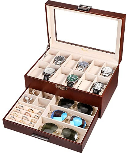 Voova Watch Boxes Organiser Jewellery Box for Men Women,2 Layer Large 12 Slot PU Leather Watch Storage Case,Glass Top Jewelry Display Holder for Watches Sunglasses Rings Necklaces Bracelets,Brown