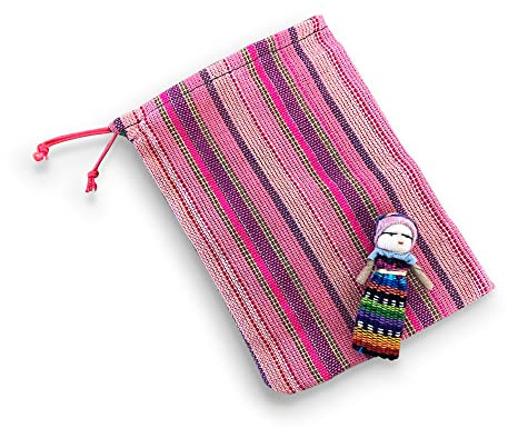 Eine handgefertigte guatemaltekische Puppe mit einer bunten Aufbewahrungstasche | Sorgenpuppen für Mädchen