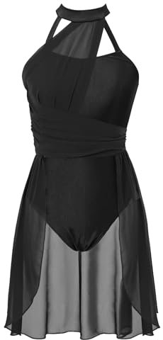 Jowowha Damen Ballettkleid Neckholder Eiskunstlauf Kleid Ballettanzug mit Asymmetrisch Rock Ballett Trikot Tanzbody Modern Lyrisch Tanzkleid Schwarz S