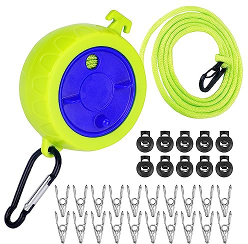 FCOOL Einziehbare Wäscheleine - 10 m Tragbare Anti-Wicklungs-Reise mit 10 festen Schnallen und 20 Wäscheklammern für Camping Outdoor Indoor