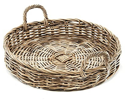 Kobolo Tablett Dekotablett Serviertablett aus Rattan rund -kubu grau- 49x49x10cm
