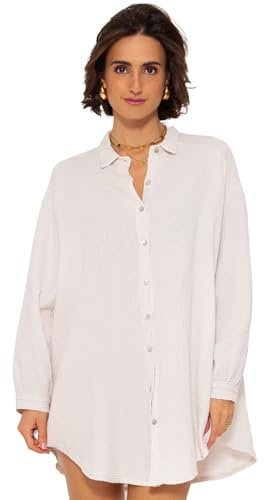 SASSYCLASSY Oversize Musselin Bluse Damen Langarm - Oversized Freizeit Look - Hemdbluse lang aus Baumwolle mit V Ausschnitt - Long-Bluse One Size (Gr. 36-48) Hellbeige