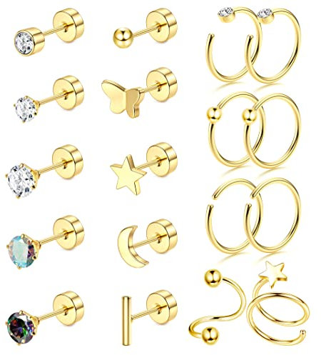 Adramata 18Pcs 20G Helix Piercing G23 Titan Ohrringe Piercing Conch Piercing Ohrringe Ohrstecker Hypoallergen Knorpel Ohrringe Set Silber Gold Helix Tragus Piercing Ohr für Damen Herren