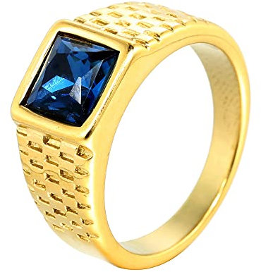 HIJONES Herren Edelstahl Blau Stein Ring Quadratisch Edelstein Pinky Finger Ringe mit Kristall Statement Schmuck Gold Größe 57