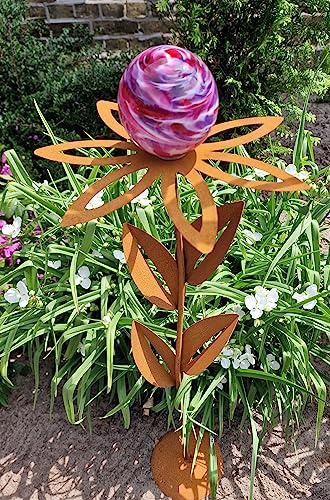 Glaszauber Blume Paris Malve Cortenstahl 77 cm mit Glaskugel in Malve und Standfuß Cortenstahl Dekoration Garten