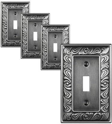 TREEWELL 4-Pack Single Toggle Light Switch Cover Plate, Paisley Pattern Decorative Switch Plate Covers, Antique Silver 1 Gang Metal Wall Plate, Corrosion Resistant