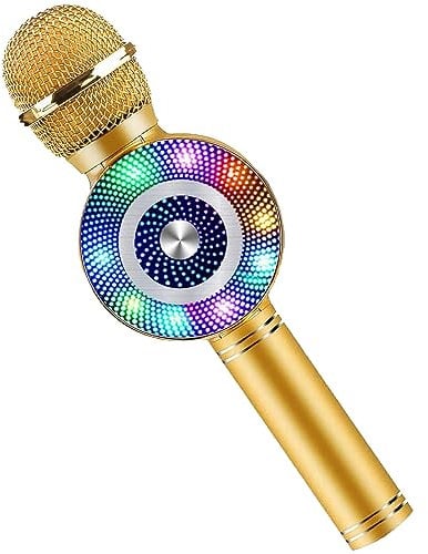 Mircophone wireless Karaoke, 4 in 1 Portable Micro Karaoke Bluetooth for kids adults singing, party, recording, Compatible with Android iOS Smartphone (Gold)