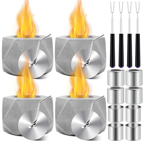 Maxcheck 4 Set Tisch-Feuerstelle Schalen Beton Tischplatte Kamin Ethanol Kamin Indoor Outdoor Dekor Smores Maker für Terrasse Balkon mit Feuerlöscher