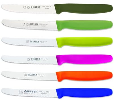 Giesser Messer 6er Set bunt Tomatenmesser Brötchenmesser Allzweckmesser 11cm Wellenschliff 3mm - olive hellgrün limette pink orange blau