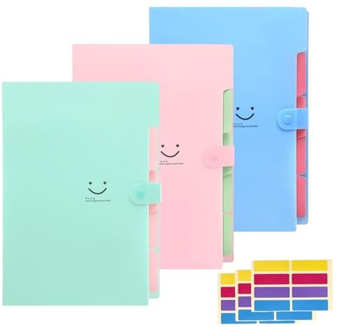 KONVINIT 3 Pack Fächermappe Dokumentenmappe Din A4 mit 5 Tasche Ordnungsmappe mit 4 Fächern Sammelmappe organisiert für Papier Organizer Büro Schul,pink and green