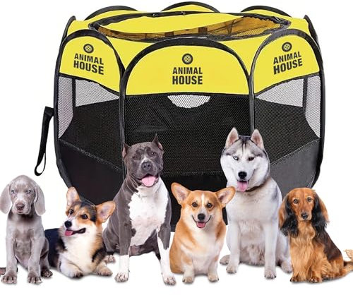 Animal House Recinto Pieghevole Impermeabile per Cuccioli di Cani, Gatti e Conigli: Versatile e Trasportabile, Ottimo per Interni 91/91 / 58 (Giallo, Media)