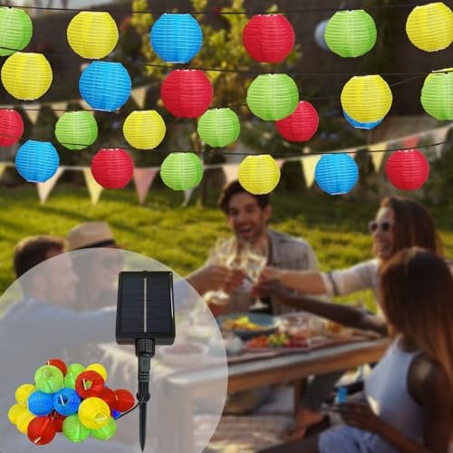 Meision Solar Lichterkette Lampions Außen 8M 30LED, Solarbetrieben Laternen Lichterkette mit 8 Modi Timer Speicherfunktion, LED Lampions Wetterfest Beleuchtung für Garten, Balkon, Hof, Bunt