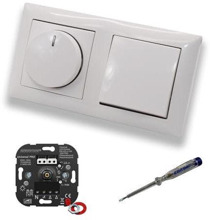 EBROM 1002 Universal PRO LED Drehdimmer Dimmer + Busch Jäger Dimmerscheibe 2115-914 und Kreuzschalter 2000/7 US in Balance Si alpinweiß glänzend inklusive EBROM Phasenprüfer zur Montage der Geräte