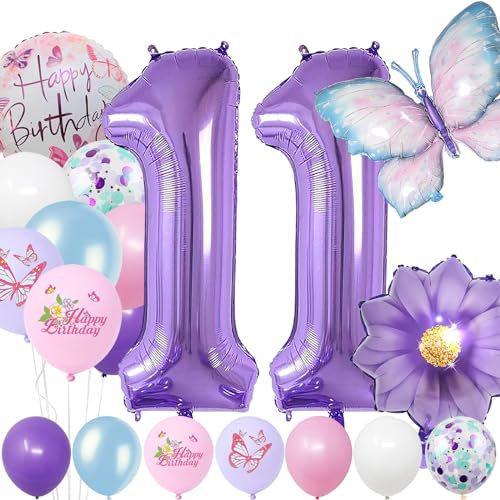 11 Jahre Set - Zahl Folienballon,22 Stück Blau Lila Geburtstagsdeko,Schmetterling Blumen Ballon,Kindergeburtstag Party Deko Zahl 11 Luftballon für Mädchen Jungen Geburtstags Festival Party Dekoration