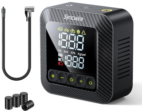 Syncwire Compressore Aria Portatile 10.35BAR Gonfiaggio 3x Veloce Compressore d'aria Pompa d'aria per Pneumatici Car Inflator per Modalità Multiple, con Tappi per Valvola Pneumatici Auto, LCD Grande