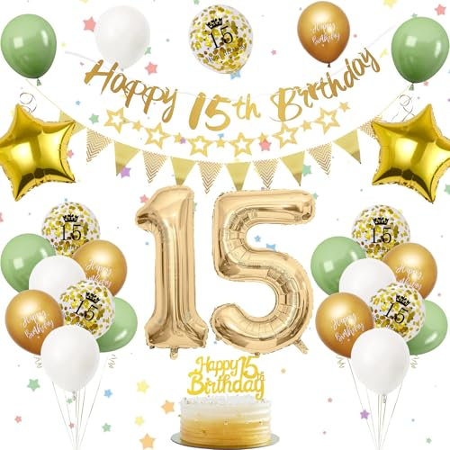 15. Geburtstag Deko Salbeigrüne, Luftballon Deko 15. Geburtstag Frau Mann, Geburtstagsdeko 15 Jahr, Gold Folienballon 15, Grün Weiß Gold Luftballons 15 Jahr mit Banner Tortendeko für Party Dekoration