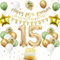 15. Geburtstag Deko Salbeigrüne, Luftballon Deko 15. Geburtstag Frau Mann, Geburtstagsdeko 15 Jahr, Gold Folienballon 15, Grün Weiß Gold Luftballons 15 Jahr mit Banner Tortendeko für Party Dekoration
