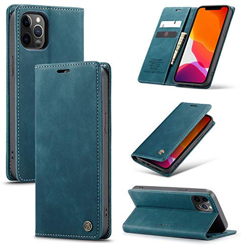 owlhold hülle iPhone 12 Pro Max klapphülle Premium Lederhülle Weiches Vintage-Nubukleder Faltbare Ständer Schutzhülle Kartenfach Standfunktion stoßfest Handyhülle iPhone 12 Pro Max -Blaugrün