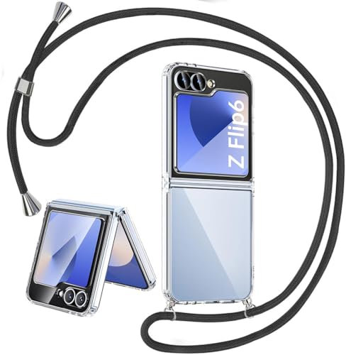 Mkej Funda para Samsung Galaxy Z Flip 6 con Cuerda, Samsung Galaxy Z Flip 6 Carcasa Transparente TPU Suave Silicona Case con Correa Colgante Ajustable Collar Correa de Cuello Cadena Cordón, Negro