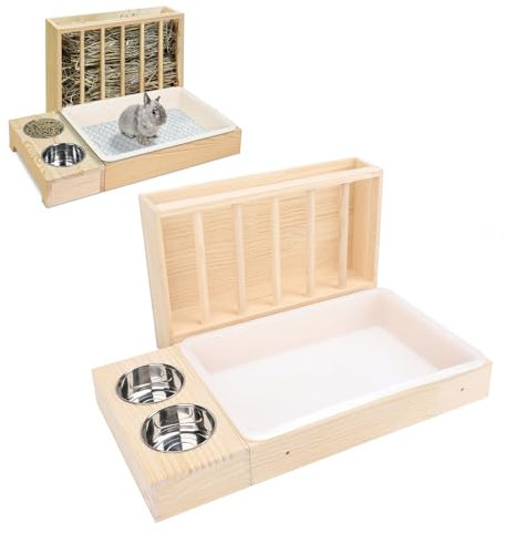 Jectse Mangeoire à Foin en Bois pour Lapin, Bac à Litière, 2 Bols en Acier Inoxydable, Station d'alimentation pour Lapins, Cochons d'Inde, Hamsters, Chinchillas (40x8,6x28cm)