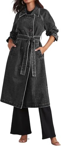Suncadmious Trench Lungo in Denim Doppiopetto Casual da Donna Trench con Giacca di Jeans con Cappotto spolverino con Cintura (Nero,S)