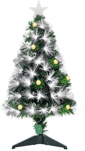 HOMCOM Árbol de Navidad 90 cm con 76 Haces de Fibra Óptica Árbol de Navidad Artificial con 90 Ramas y 90 Luces LED para Interiores Verde y Blanco