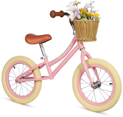 H.yeed 14-Zoll-Laufrad für Kinder, leichtes, höhenverstellbares Fahrrad mit abnehmbarem Korb und Gummireifen, Laufrad für Kleinkinder von 3 bis 6 Jahren, Jungen und Mädchen (ohne Blumenmuster)