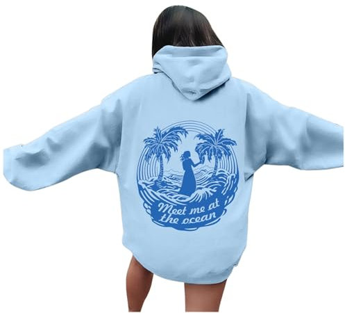 Generisch Hoodie Damen Oversize Sweatshirt Rückendruck Pullover mit Kapuze Langarm Kapuzenpullover Übergangs Hoody Y2K Streetwear für Mädchen Hoodies Blau College Sweatshirt Pinkpalm (01Blau, L)