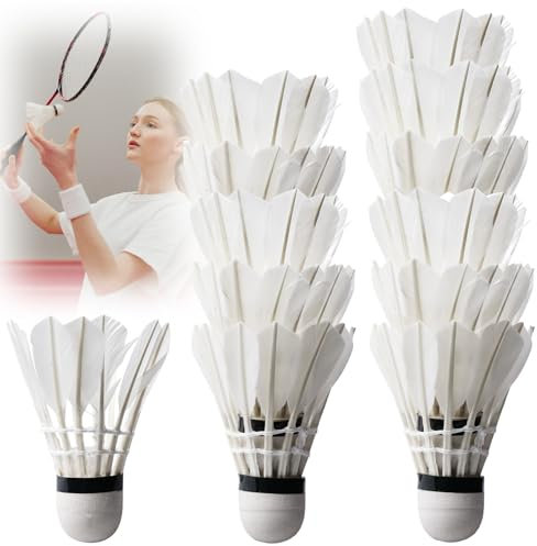 PRITOK 12 Stück Badminton Bälle: Federbälle Weiß aus Gänsefeder Kork-Kopf, Sporttraining Hochgeschwindigkeitstraining Garten Gänsefeder Badminton Federball Ball für Outdoor & Indoor Sport