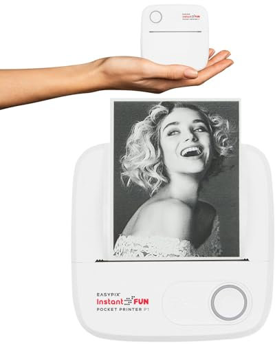 Easypix InstantFUN Pocket Printer P1 Mobiler Mini Drucker, Schwarz-Weiß-Thermodruck, Ausdrucke ohne Tinte, mit Smartphone-App, inkl. Sticker- und Nachfüllpapier