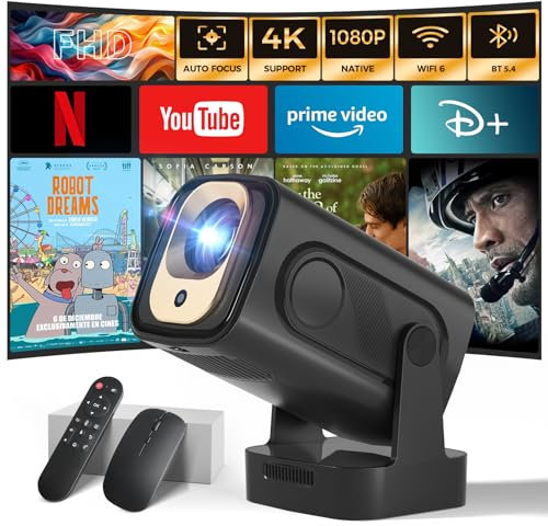 Proiettore 2025 [Auto Focus & 1080P Nativo & Apps integrate] Mini Proiettore 4K Auto Correction WiFi 6 Bluetooth 5.4 Videoproiettore Portatile Compatibile con HDMI/TV Stick/Memory Stick/Laptop, Nero
