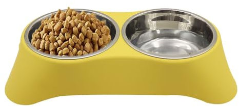 Arightmu 2-in-1 Stainless Steel Pet Bowls | Non-Slip Tilted Cat Dog Bowl with Anti-Skid Design | Double Bowl for Kittens, Puppies, Rabbits & Small Animals (Yellow, Small)