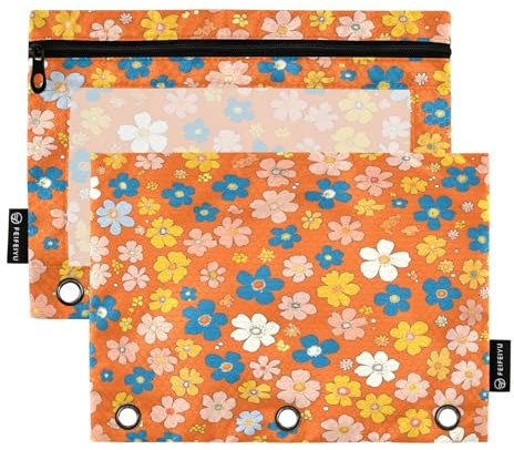 Mnsruu Astuccio colorato con motivo a piccoli fiori per raccoglitori a 3 anelli con cerniera, confezione da 2 astucci con finestra trasparente, astuccio per cosmetici per ufficio e università