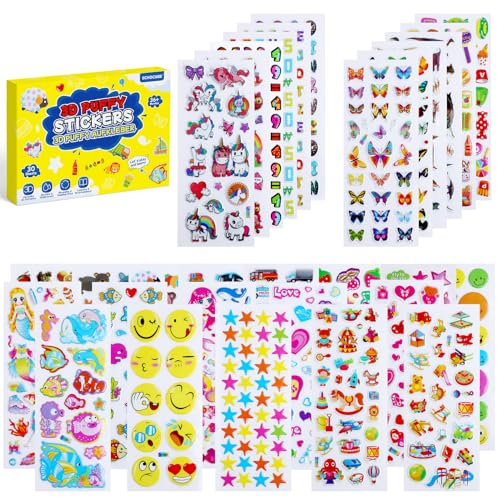 ECHOCUBE 3D Puffy Aufkleber - Wiederverwendbare 3D Aufkleber mit Tier-, Auto- und Zahlenmustern, 30 Blatt Dekorationsaufkleber für Kinderparty-Tütenfüller, Geschenk und Bastelarbeiten
